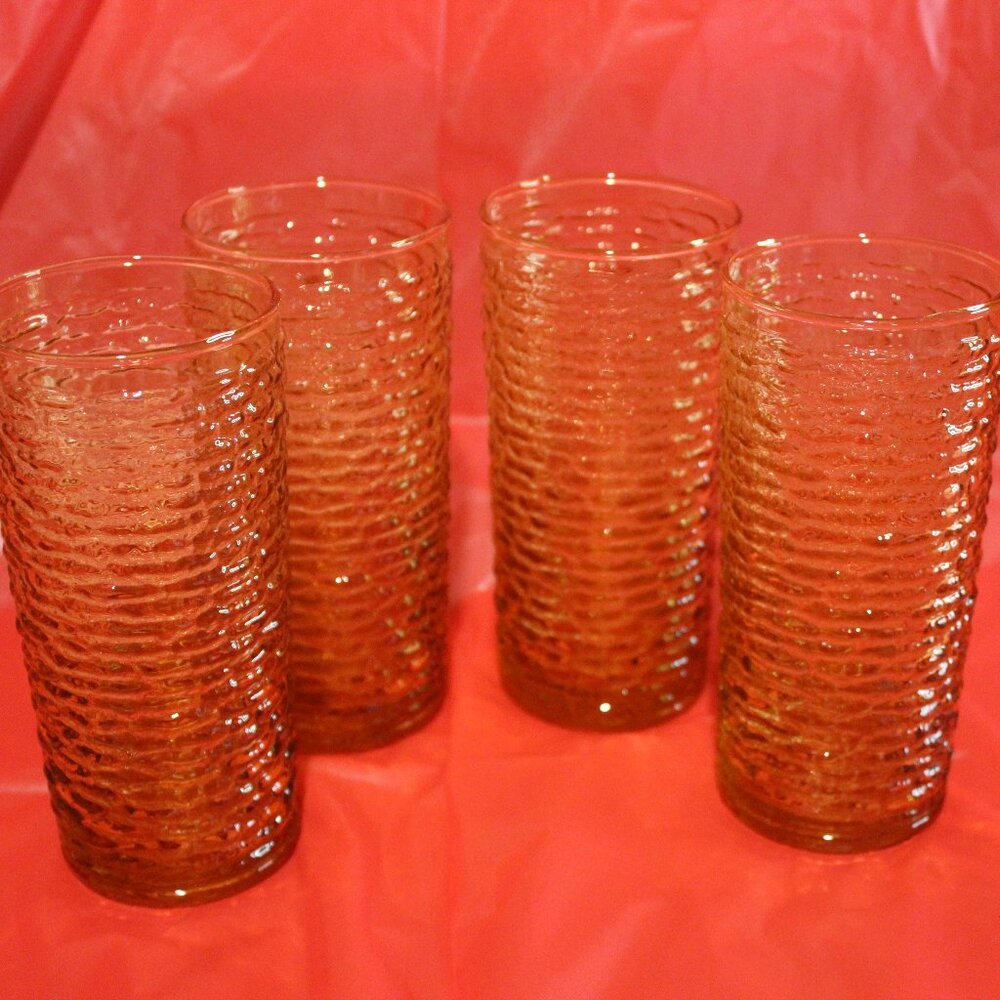 Vintage amber glass tumblers, Anchor Hocking Soreno pattern, 1970s